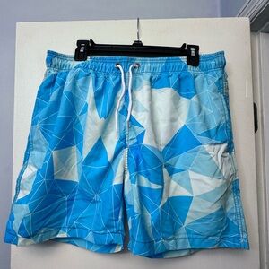 Silkworld Mens Cyan Geometry Swimming Trunks with 5 inch Inseam, Size Large